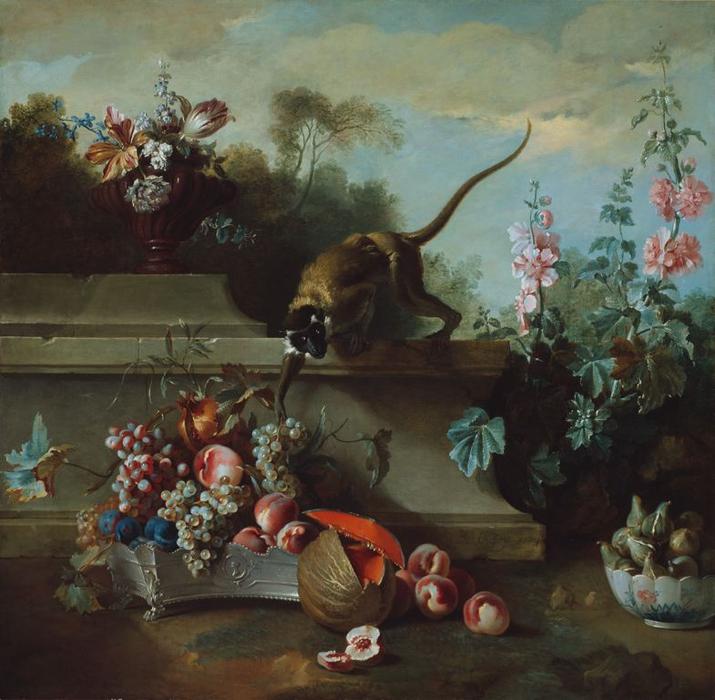 Still Life With Monkey, Fruits, And Flowers — Jean-baptiste Oudry