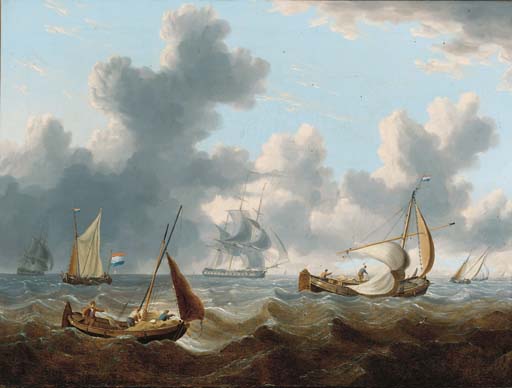 A Frigate Under Reduced Sail Running Through Crowded Waters — Charles Martin Powell