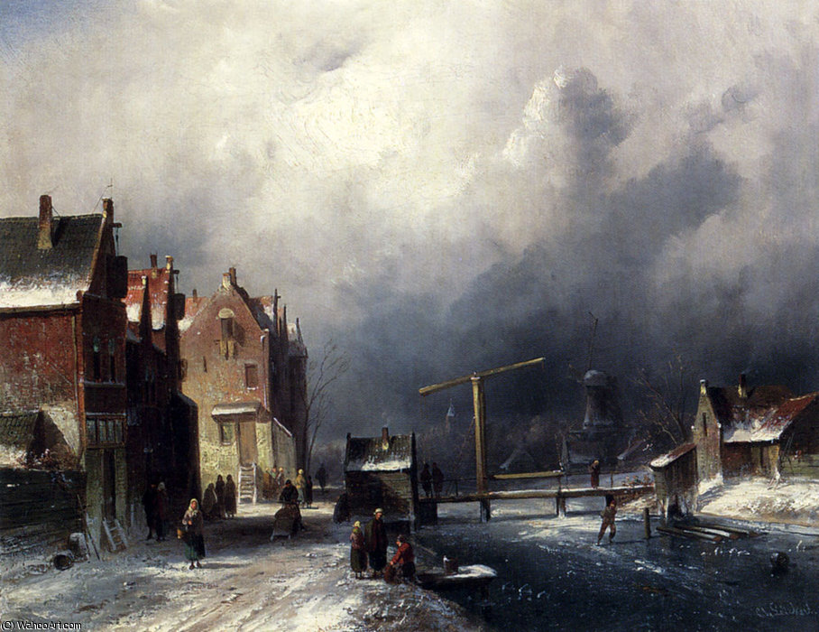 Figures In A Dutch Town By A Frozen Canal — Charles Henri Joseph Leickert
