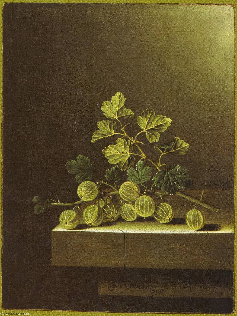 English Spray Of Green Gooseberries On A Stone Plinth — After Adriaen Coorte