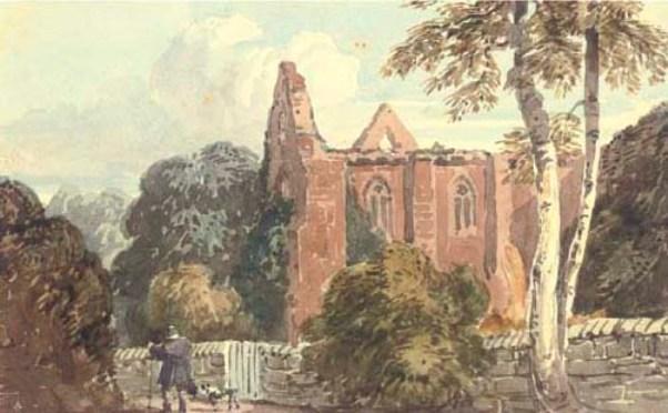 A Figure With A Dog Beside A Ruined Abbey — David Cox