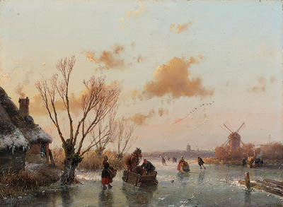 Skaters And A Horse-drawn Sledge On A Frozen Waterway At Dusk — Andreas Schelfhout