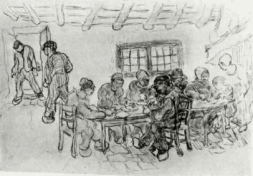 Sheet With Two Groups Of Peasants At A Meal — Vincent Van Gog