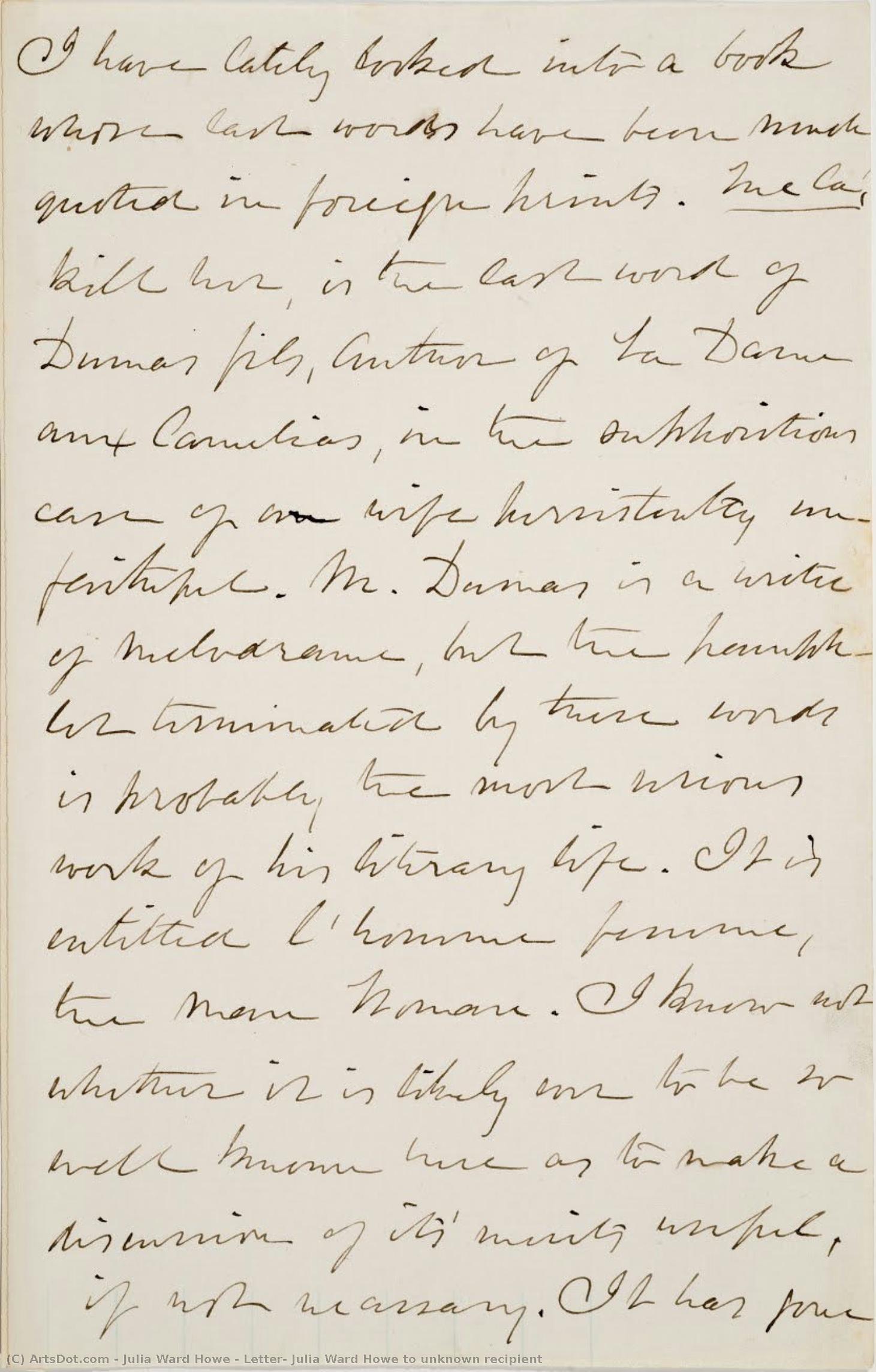 Letter, Julia Ward Howe To Unknown Recipient — Julia Ward Howe