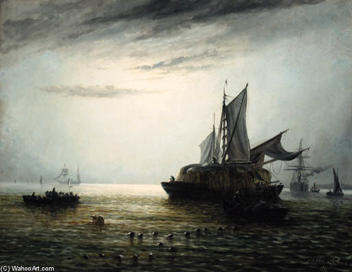 Shipping On A River Estuary By Moonlight — Adolfus Nel