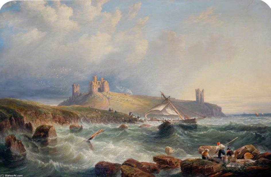 A Cutter In Distress To The South Of Dunstanburgh Castle, Northumberland — John Wilson Carmichael