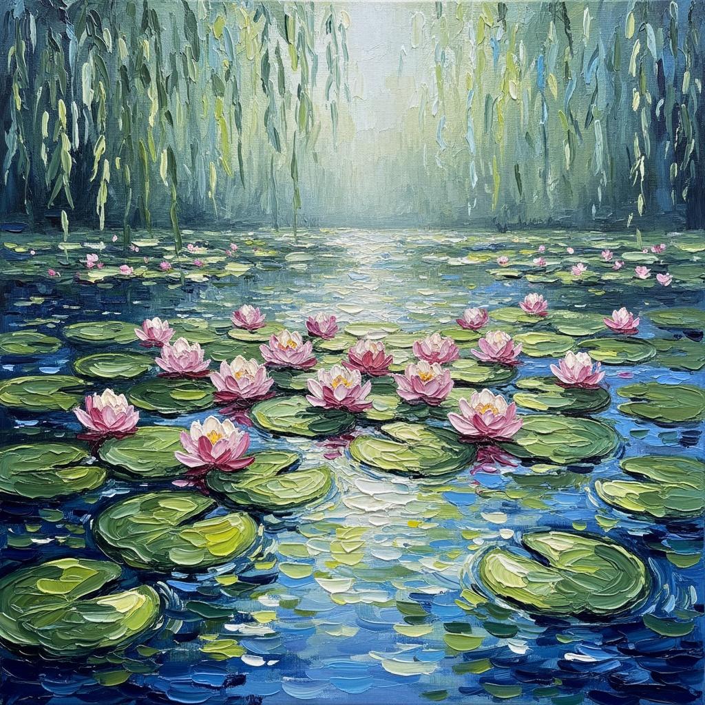Luminous Reflections Of Willow And Lily In A Serene Impasto Dreamscape — Christian Noiret