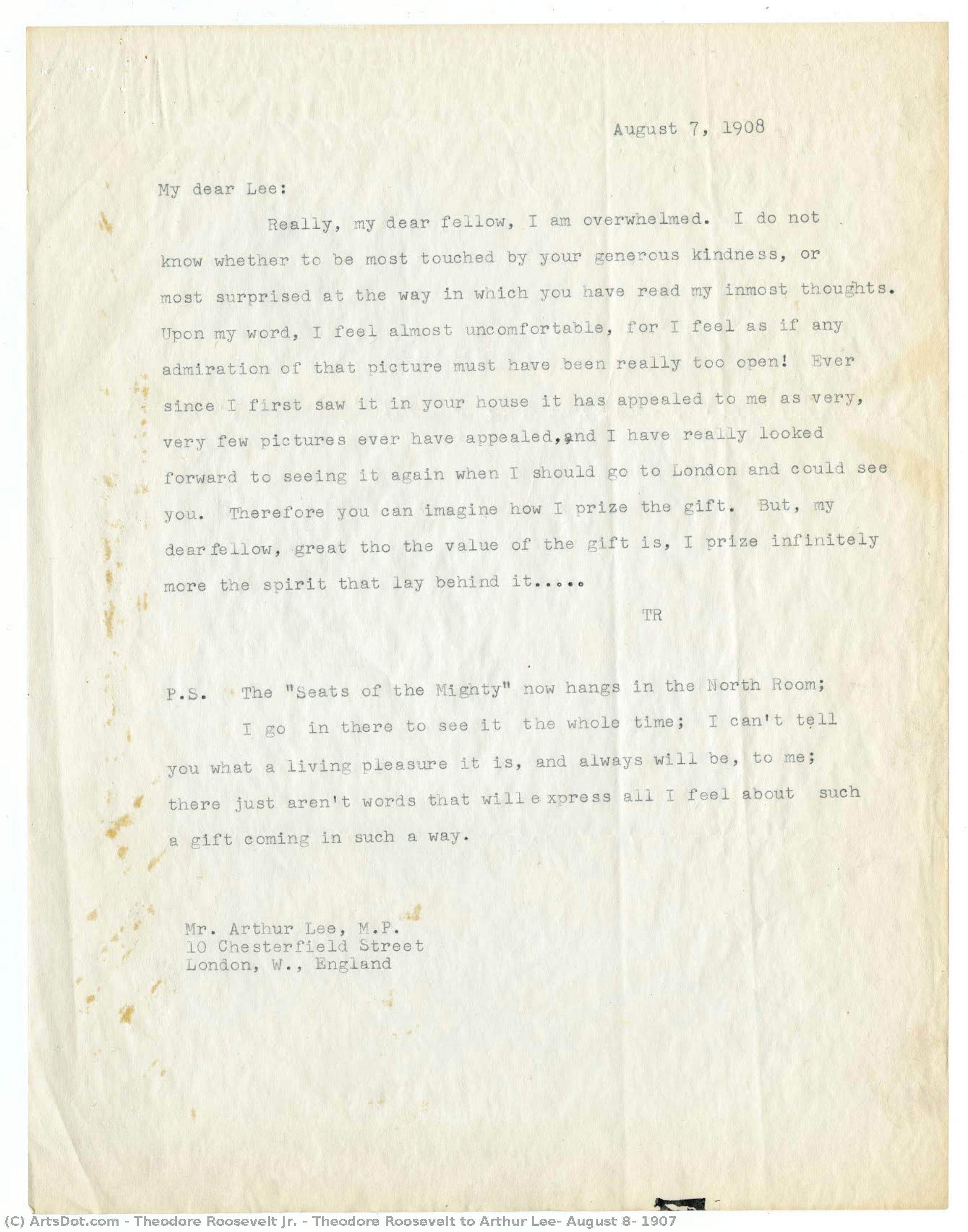 Theodore Roosevelt To Arthur Lee, August 8, 1907 — Theodore Roosevelt Jr.