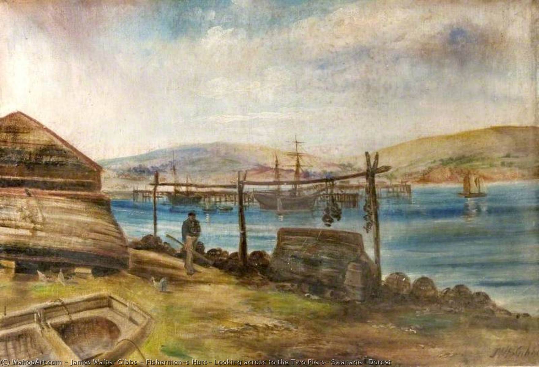 Fishermen's Huts, Looking Across To The Two Piers, Swanage, Dorset — James Walter Gibbs