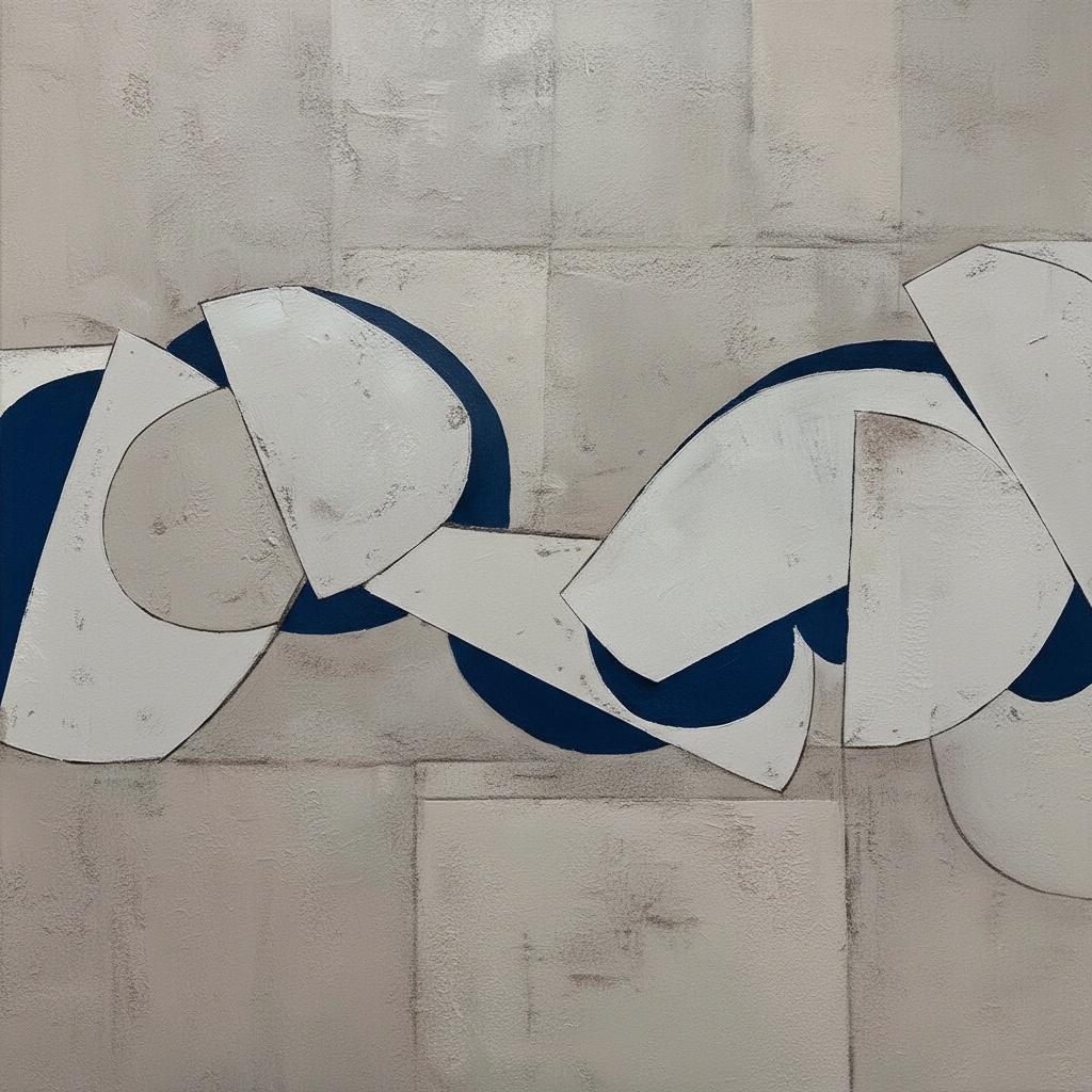 Rhythmischer Monolith: Eine Meditative Studie Ineinandergreifender Geometrischer Formen In Marineblau Und Creme — Laurent Fabre