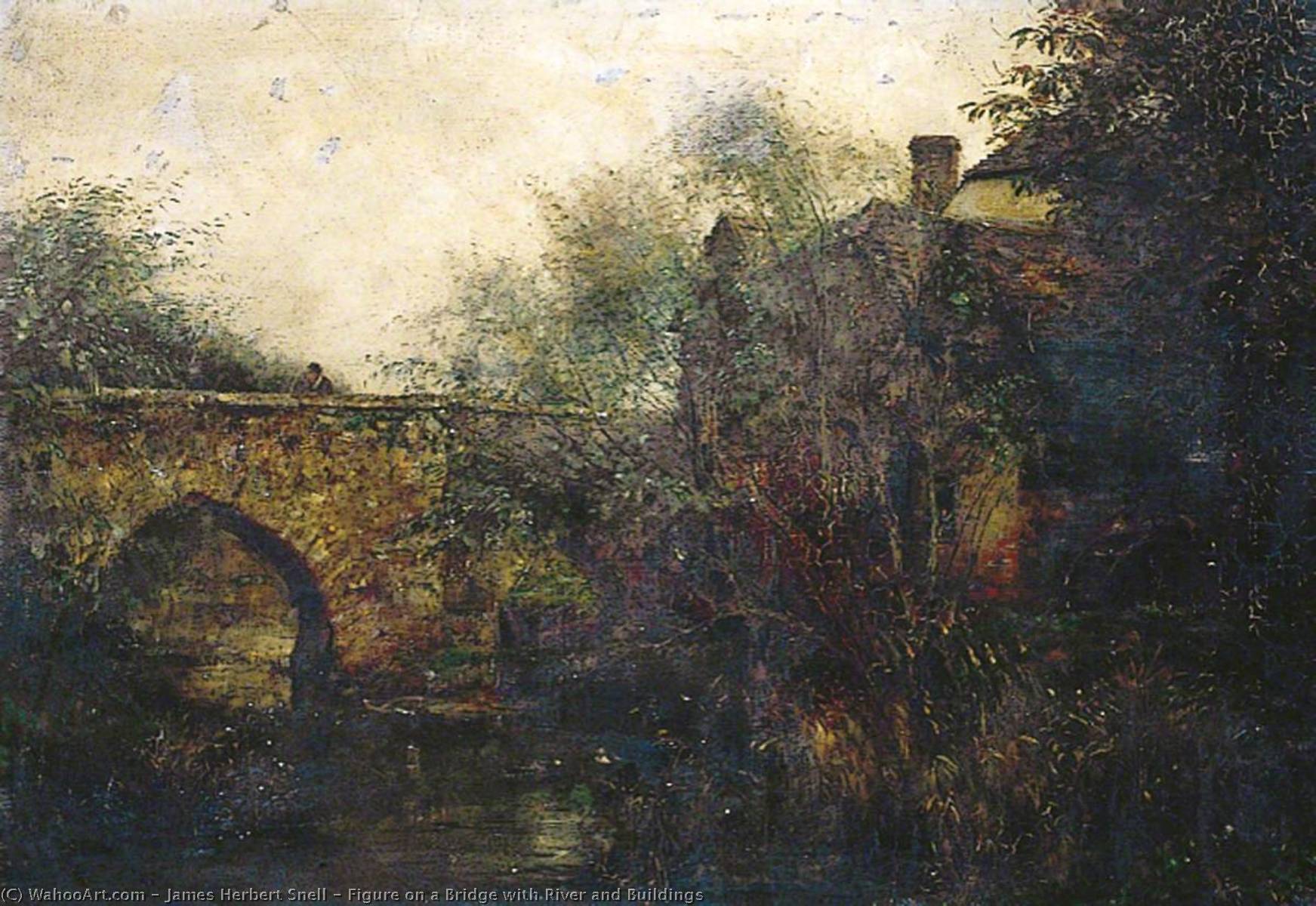 Figure On A Bridge With River And Buildings — James Herbert Snell