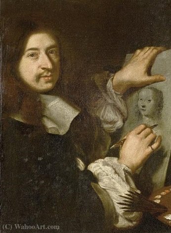 Portrait Of An Artist In A Black Mantle With A White Lace Collar, Drawing A Portrait Of A Young Lady On A Sketch Pad — Claude Lefebvre