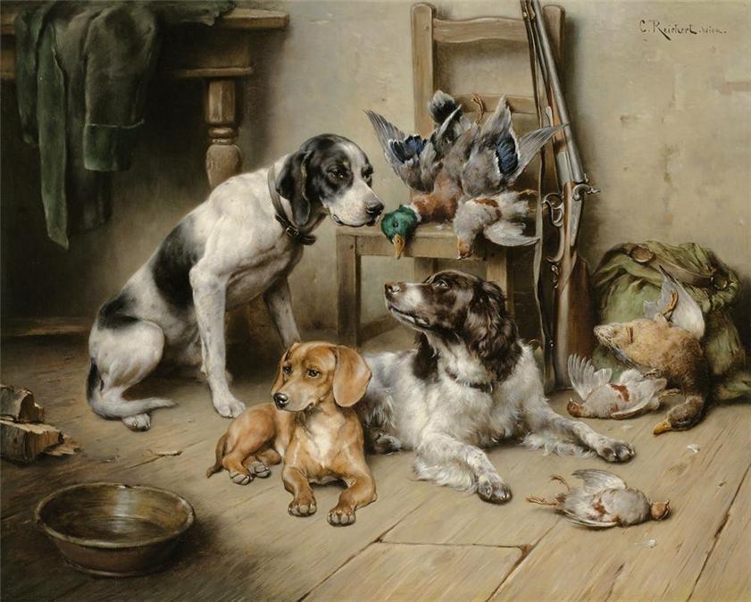 An English Pointer, A Dachshund And An English Springer Spaniel After The Hunt — Carl Reichert