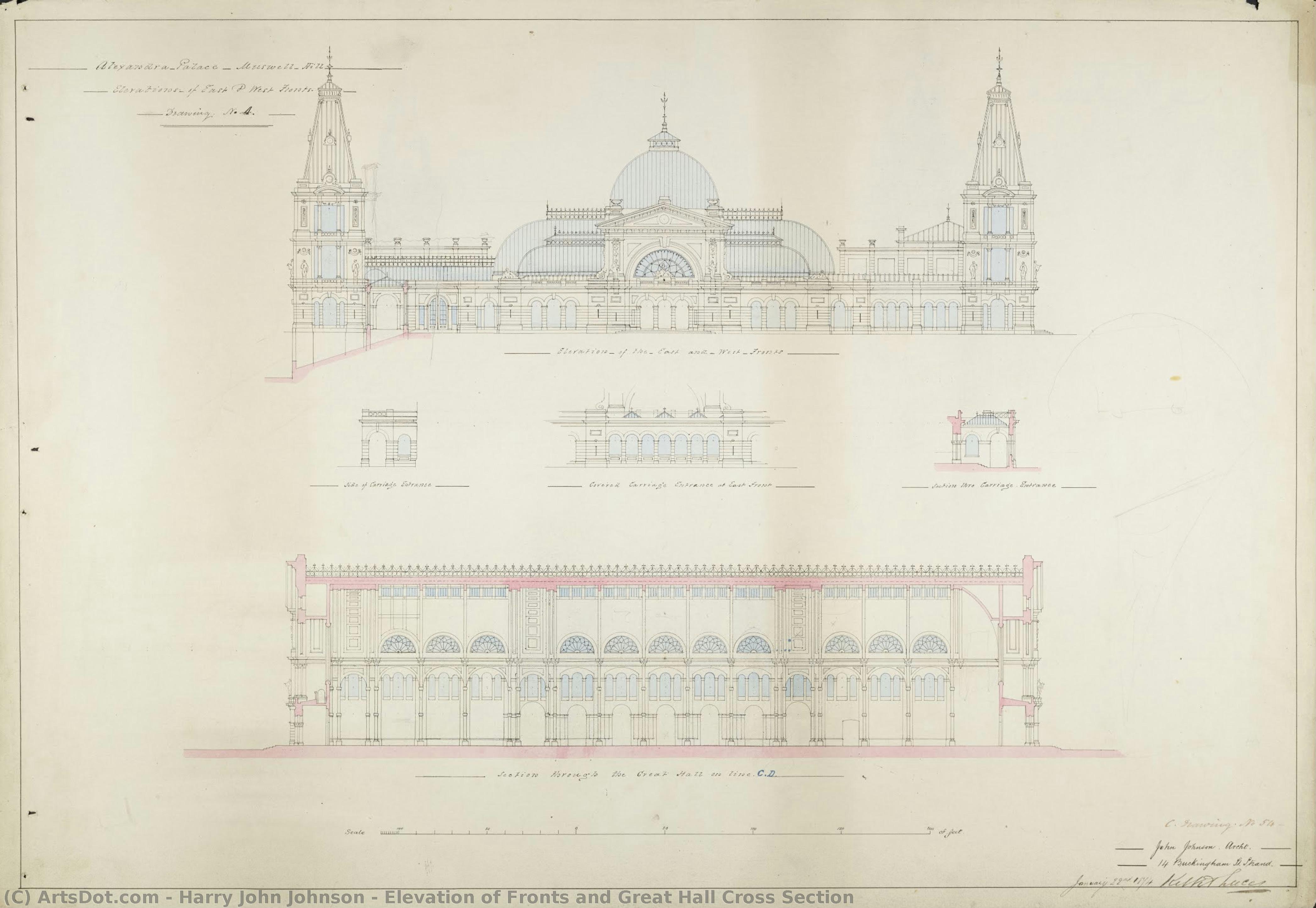 Elevation Of Fronts And Great Hall Cross Section — Harry John Johnson