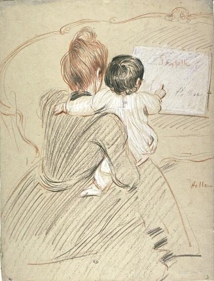 Madame Helleu, Sitting Back, Holding Her Daughter Against Her — Paul César Helleu