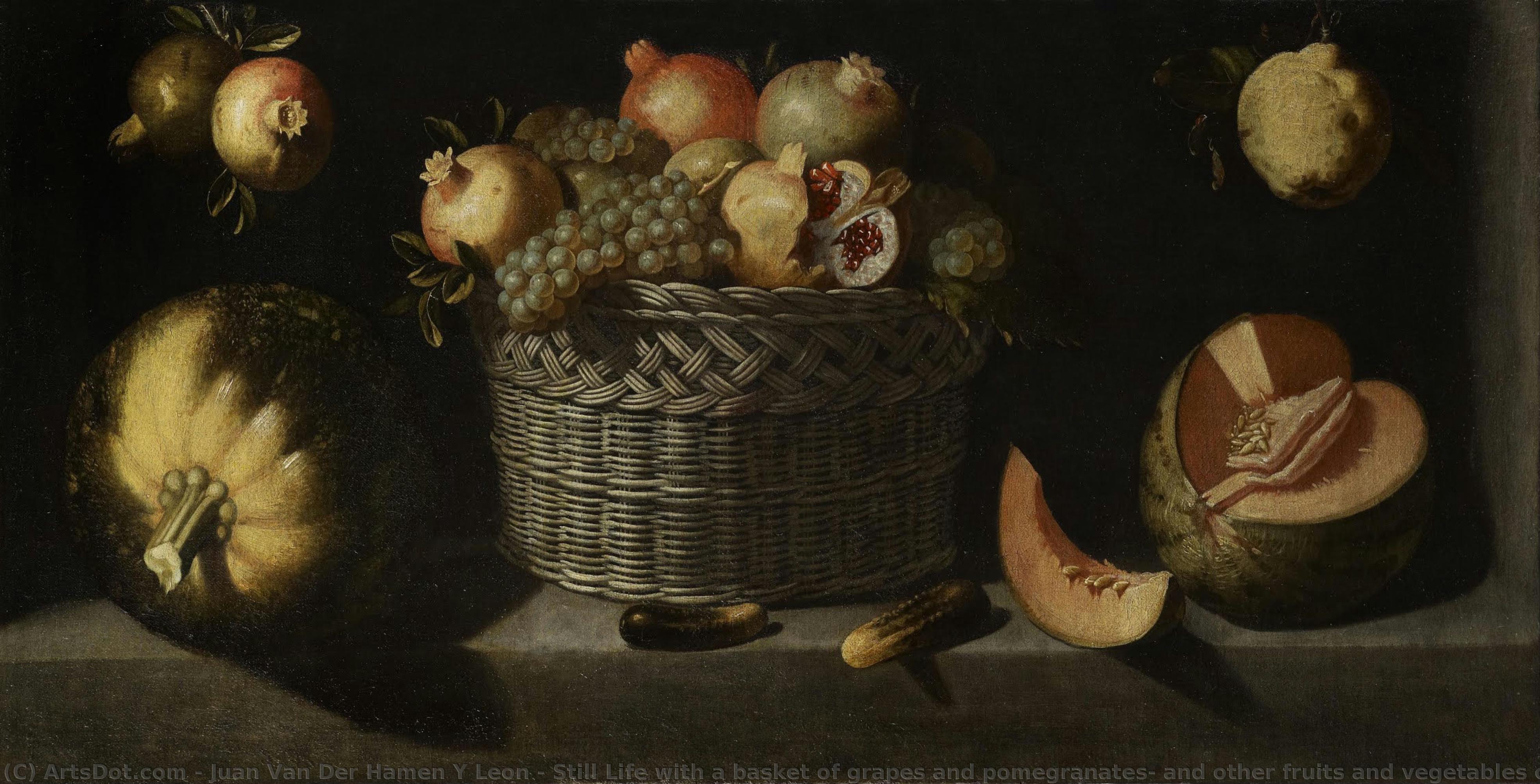 Still Life With A Basket Of Grapes And Pomegranates, And Other Fruits And Vegetables On A Ledge — Juan Van Der Hamen Y León