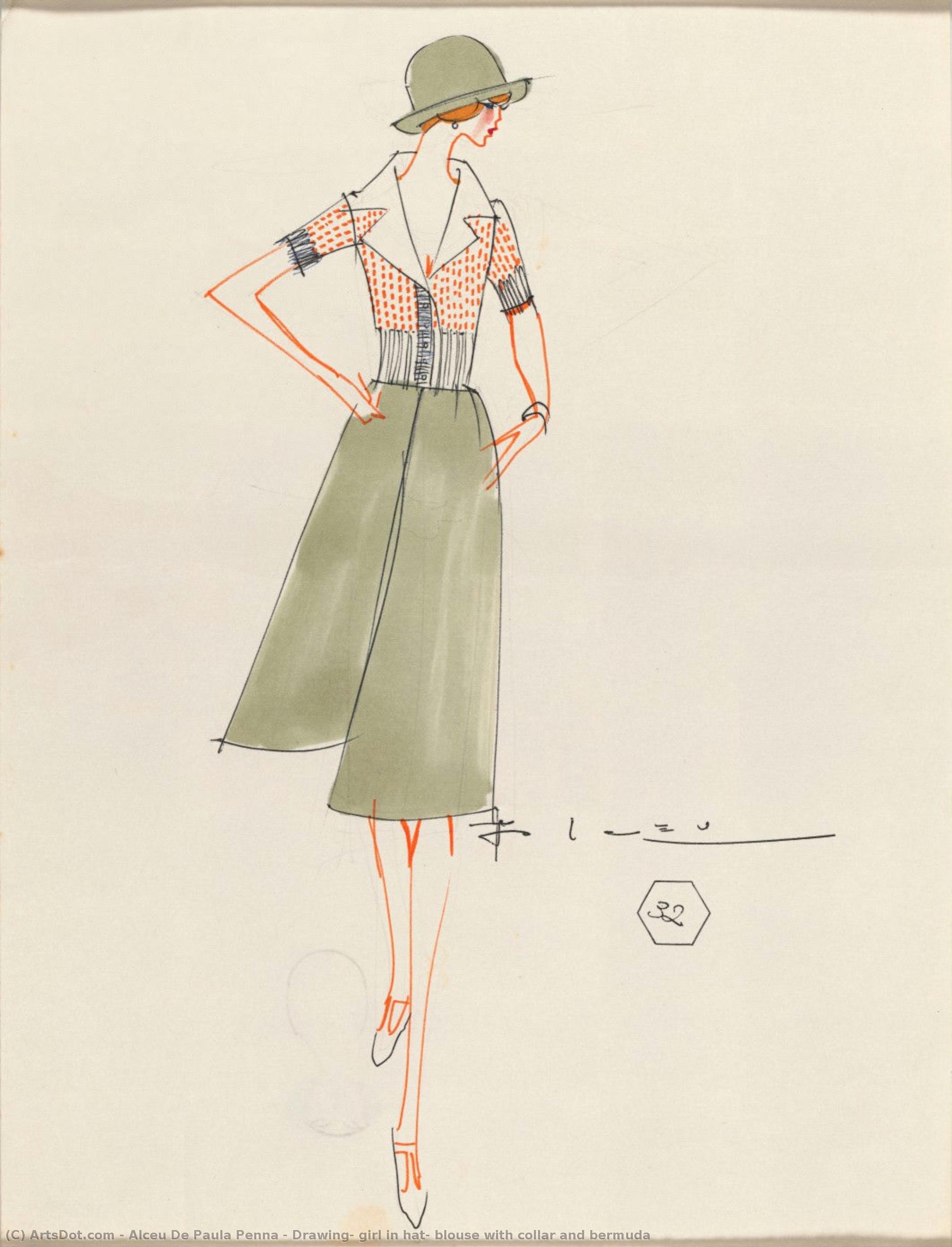 Drawing, Girl In Hat, Blouse With Collar And Bermuda — Alceu De Paula Penna