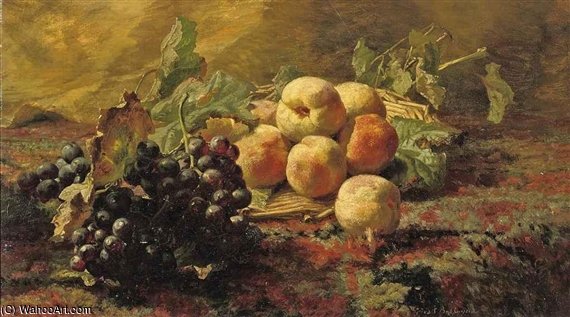 Blue Grapes And Peaches In A Wicker Basket — Geraldine Jacoba Van De Sande Bakhuyzen
