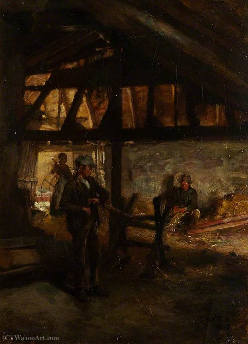 Interior Of A Barn, Making Straw Ropes — James Lawton Wingate