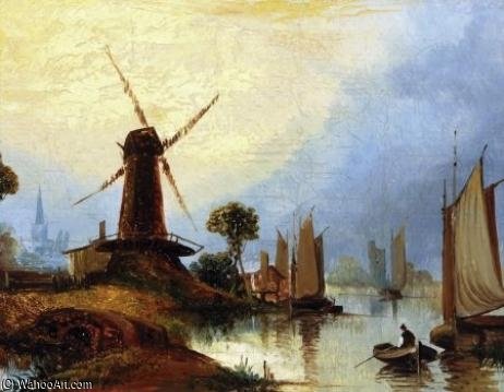 River Landscape With Figure, Boats And Windmill — Paul Jones