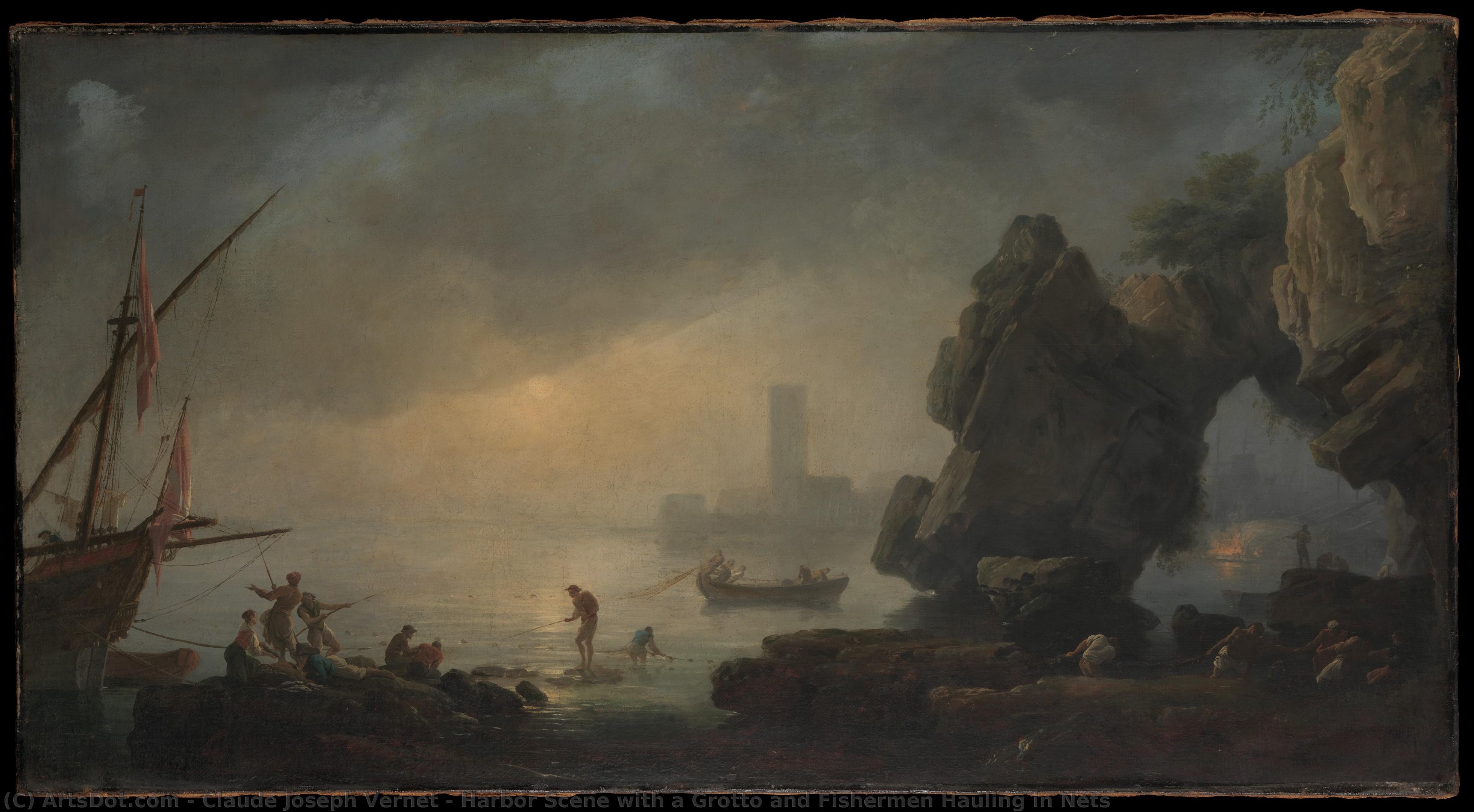 Harbor Scene With A Grotto And Fishermen Hauling In Nets — Claude-joseph Vernet