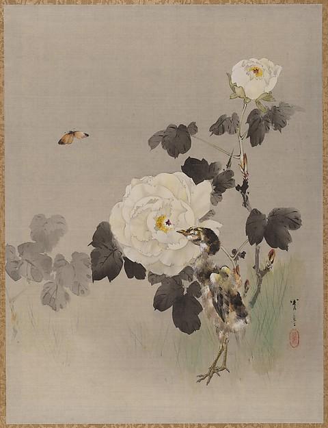 Roses, Young Bird And A Butterfly — Watanabe Seitei