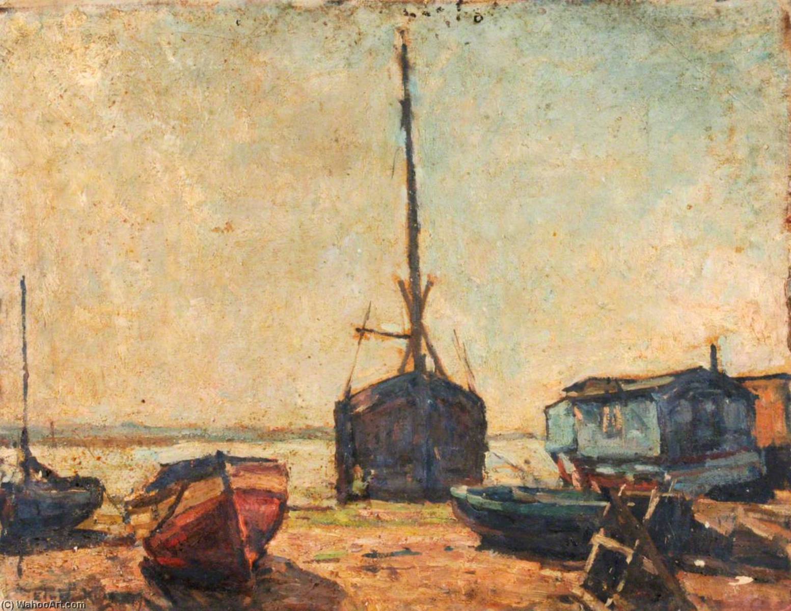 Houseboats At Milton With A Dinghy And Sawhorse In The Foreground — Edward Robert King
