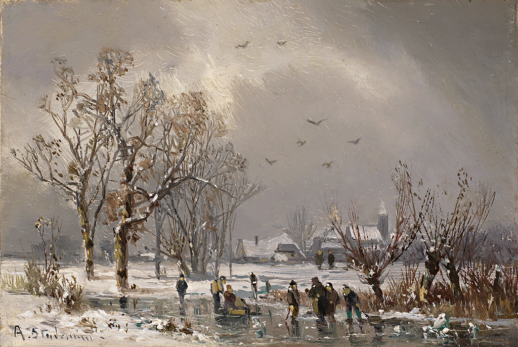 Eisvergnügen Auf Zugefrorenem Flusslauf, Im Hintergrund Kirchdorf — Adolf Stademann