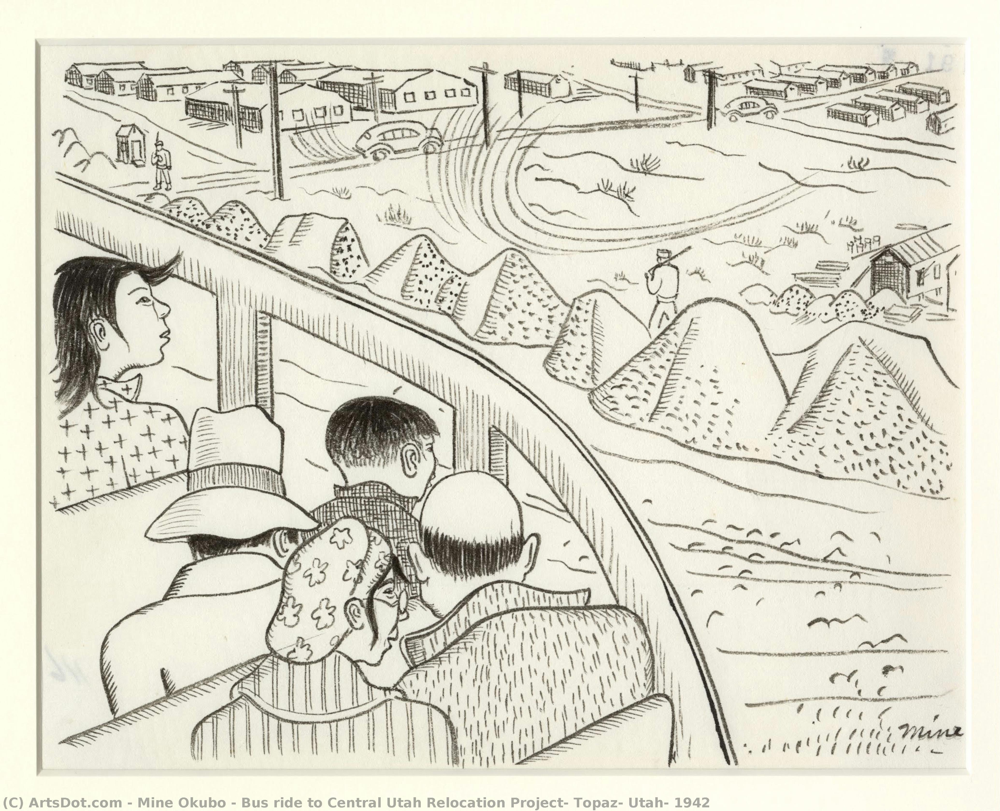 Bus Ride To Central Utah Relocation Project, Topaz, Utah, 1942 — Miné Okubo