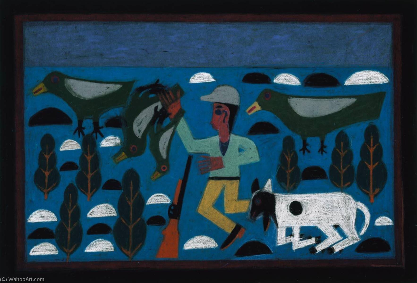 Hunter With Dog And Four Birds — Eddie Arning