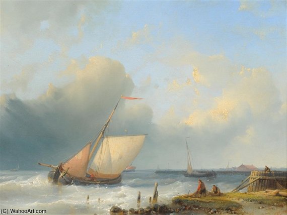 Fishing Boats In A Dutch Estuary With Figures Drying Nets In The Foreground — Abraham Hulk Senior