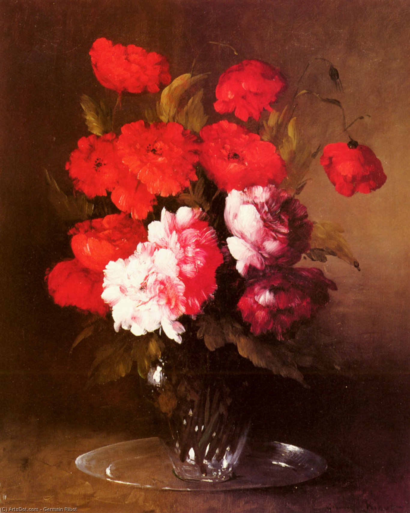 Pink Peonies And Poppies In A Glass Vase — Germain Ribot