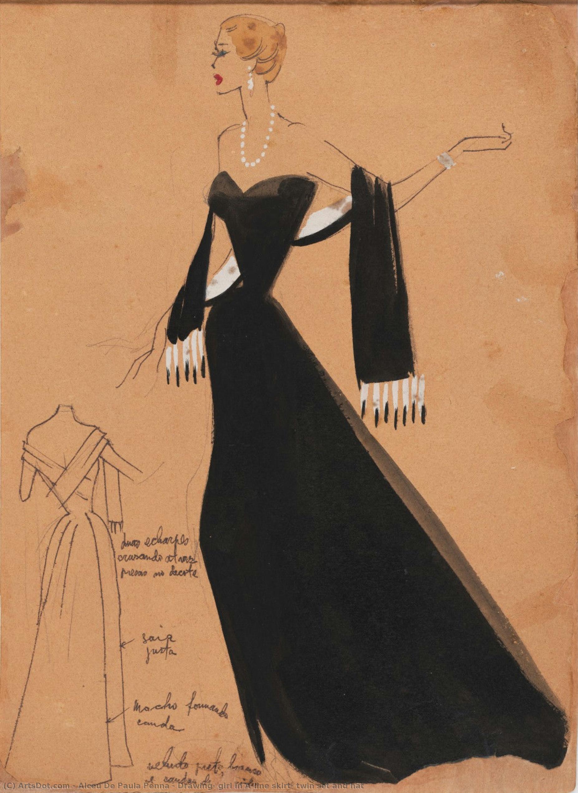 Drawing, Girl In A-line Skirt, Twin Set And Hat — Alceu De Paula Penna
