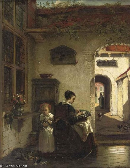 Mother And Daughter In The Courtyard — Johannes Anthonie Balthasar Stroebel