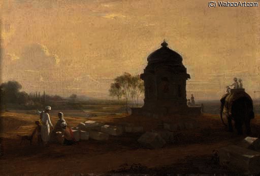 Indian Landscape With A Monument, Figures And An Elephant In The Foreground — William Frederick Witherington