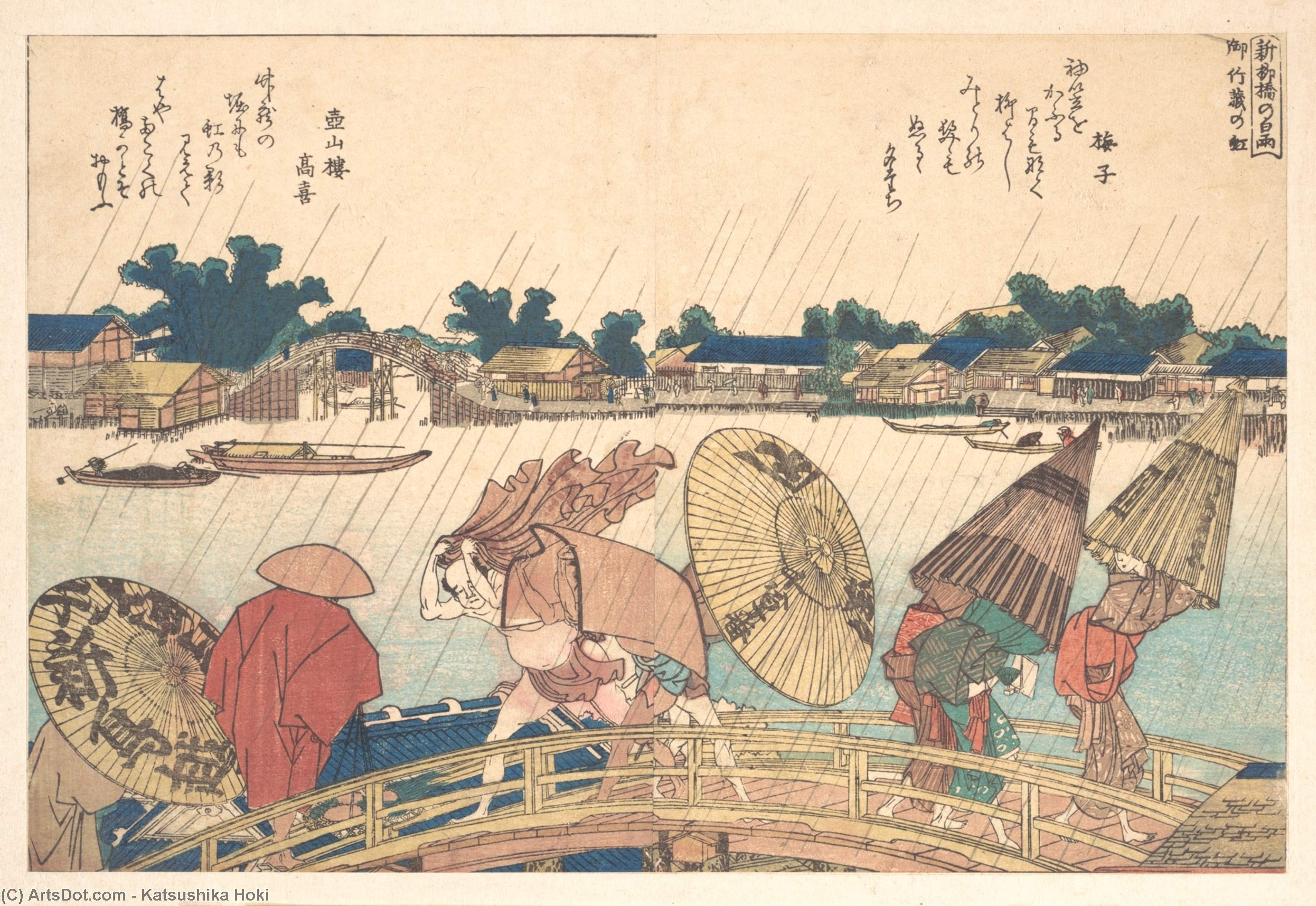 Shower At The New Yanagi Bridge — Katsushika Hokusai