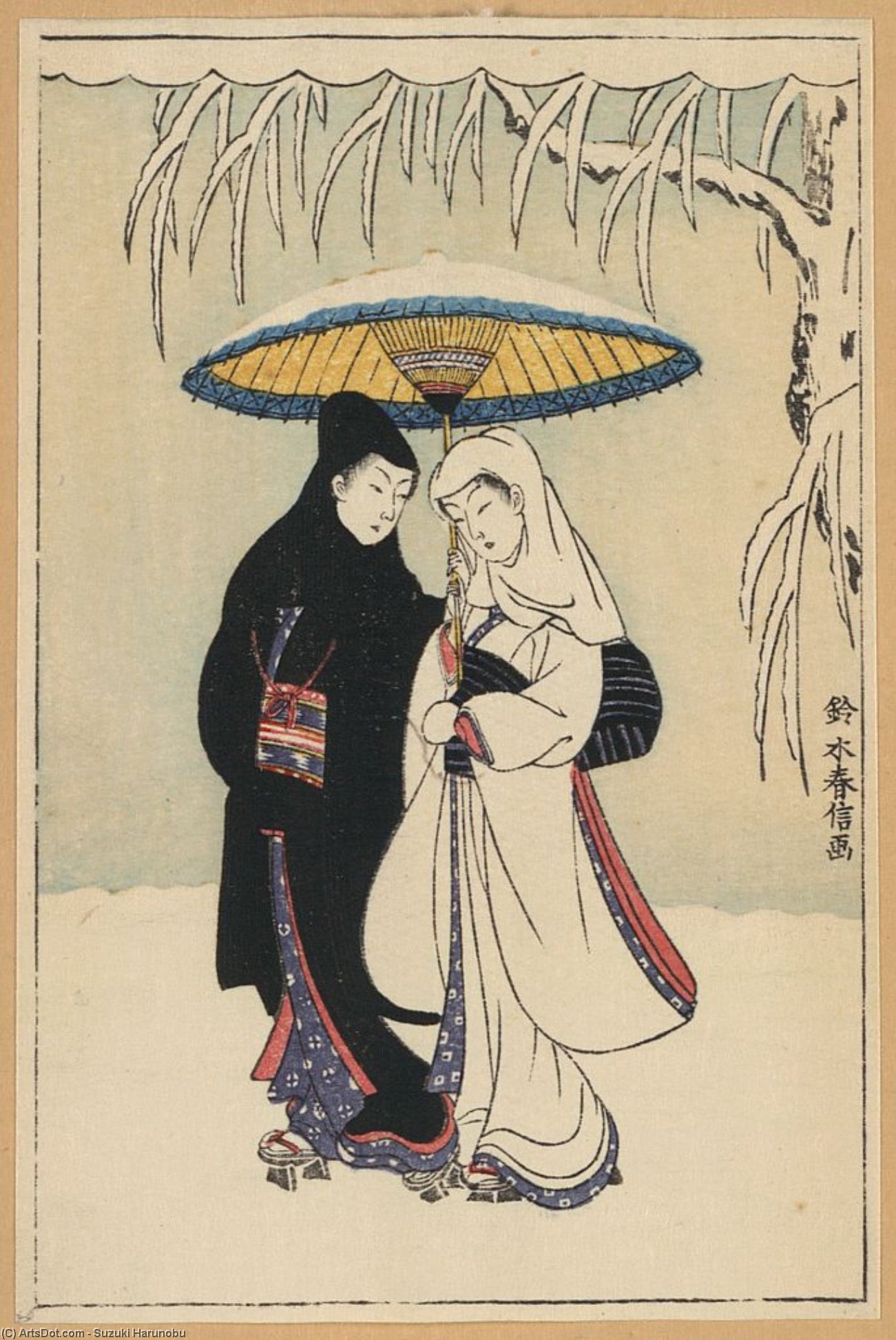 Couple Under Umbrella In The Snow — Suzuki Harunobu