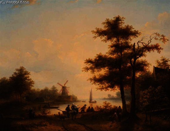 River Mouth With Figures At The Bank — Nicolaas Johannes Roosenboom