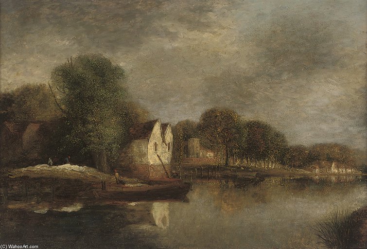 Cottages Along A River Bank — John Sell Cotman