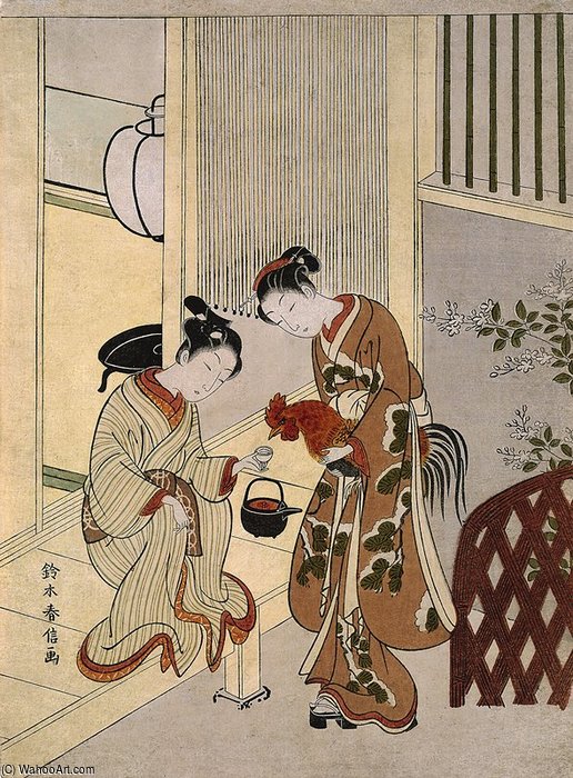 Lovers Plying A Rooster With Sake — Suzuki Harunobu