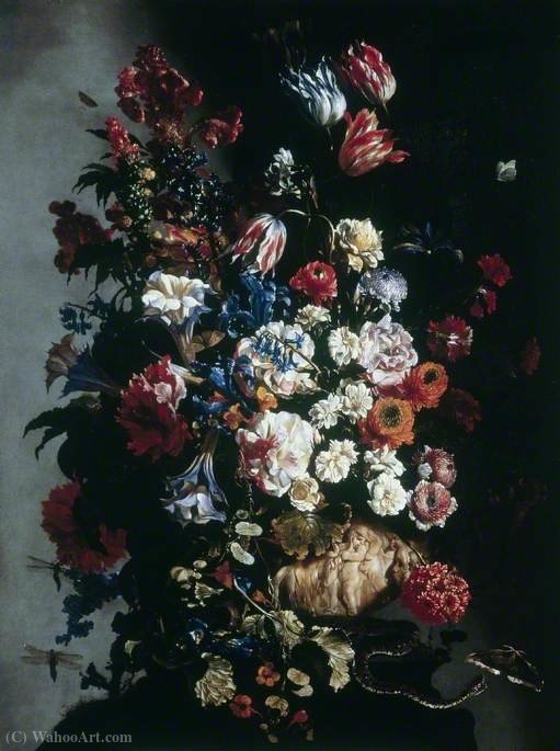 Still Life Of Flowers In An Urn, Butterflies And A Snake — Paolo Porpora