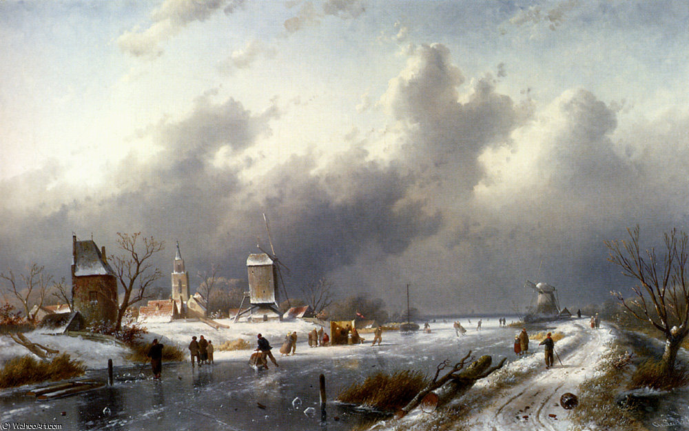 A Frozen Winter Landscape With Skaters — Charles Henri Joseph Leickert