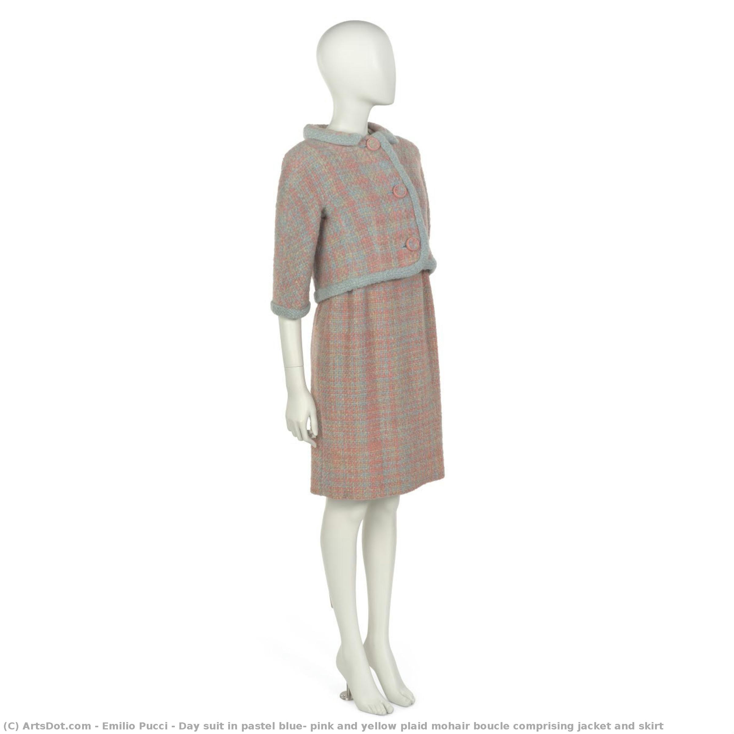 Day Suit In Pastel Blue, Pink And Yellow Plaid Mohair Boucle Comprising Jacket And Skirt — Emilio Pucci