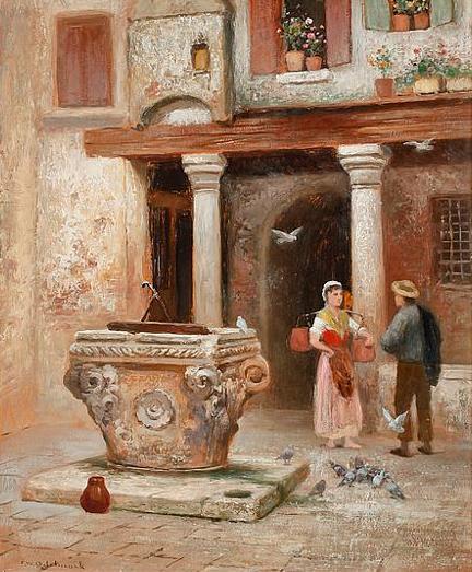 Mediterranean House Interior With Figures At The Well — Frans Wilhelm Odelmark