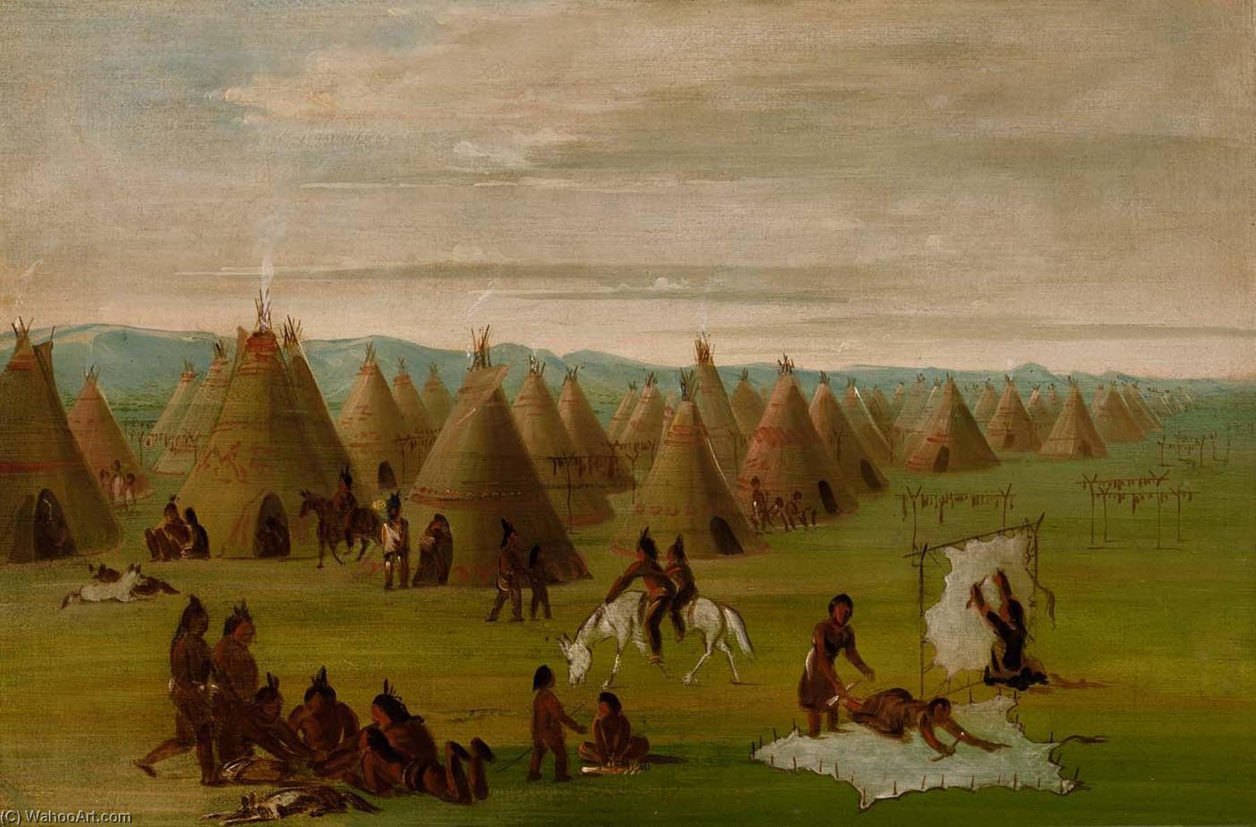 Comanche Village, Women Dressing Robes And Drying Meat — George Catlin
