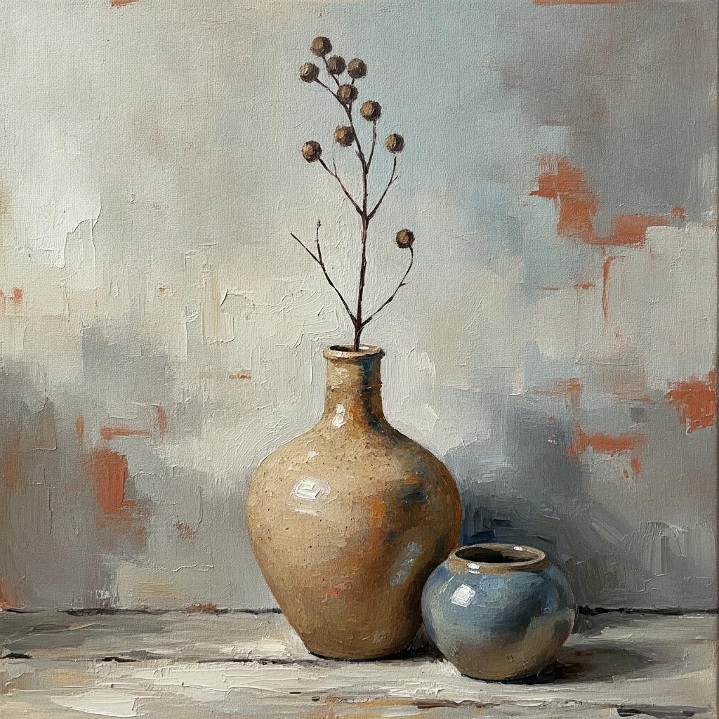 Ochre Vessels And A Dried Branch In Slate Shadows — Laurent Roche