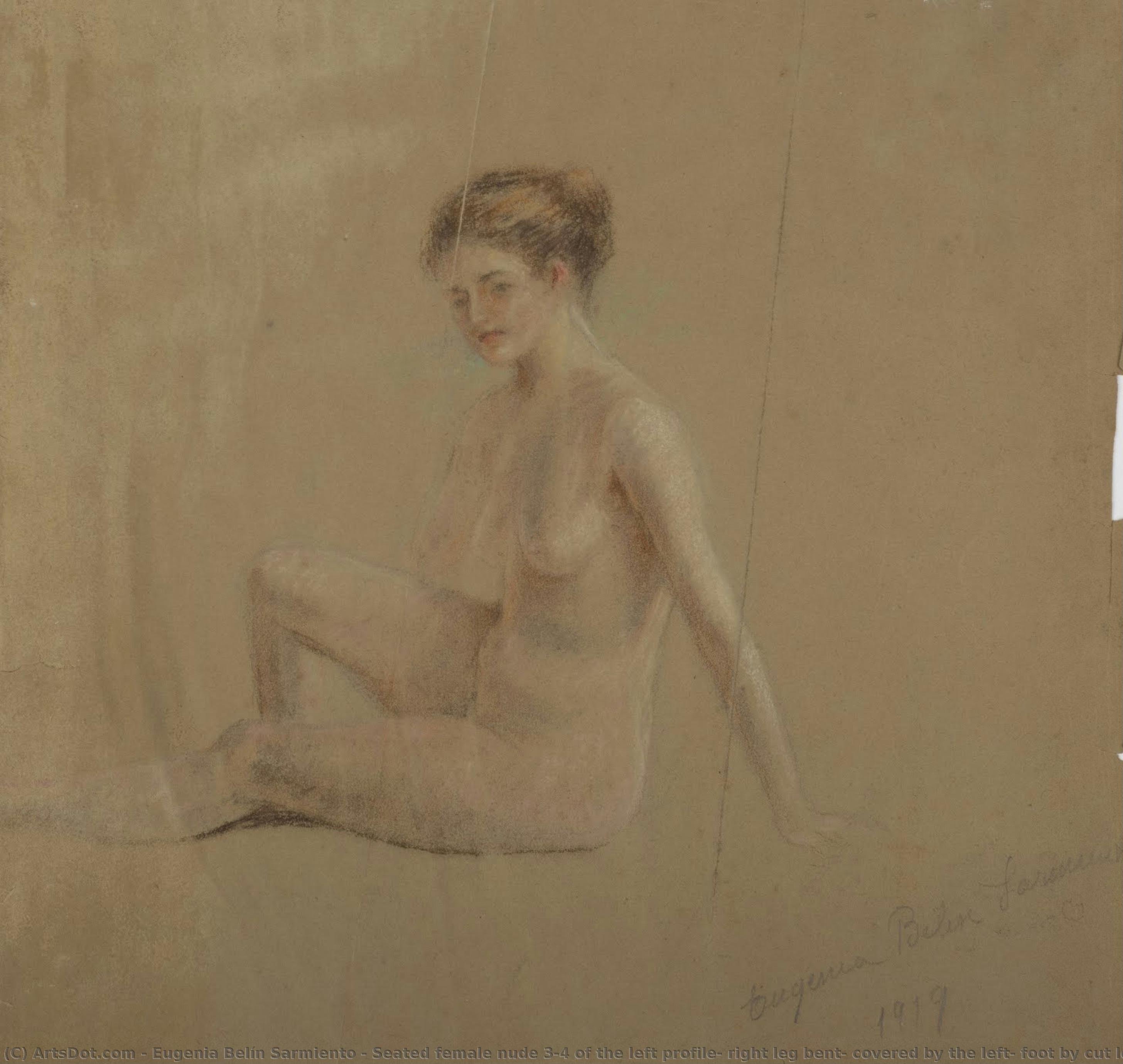 Seated Female Nude 3/4 Of The Left Profile, Right Leg Bent, Covered By The Left, Foot By Cut Leaf, Around The Neck And Face Touch Turquoise. — Eugenia Belín Sarmiento