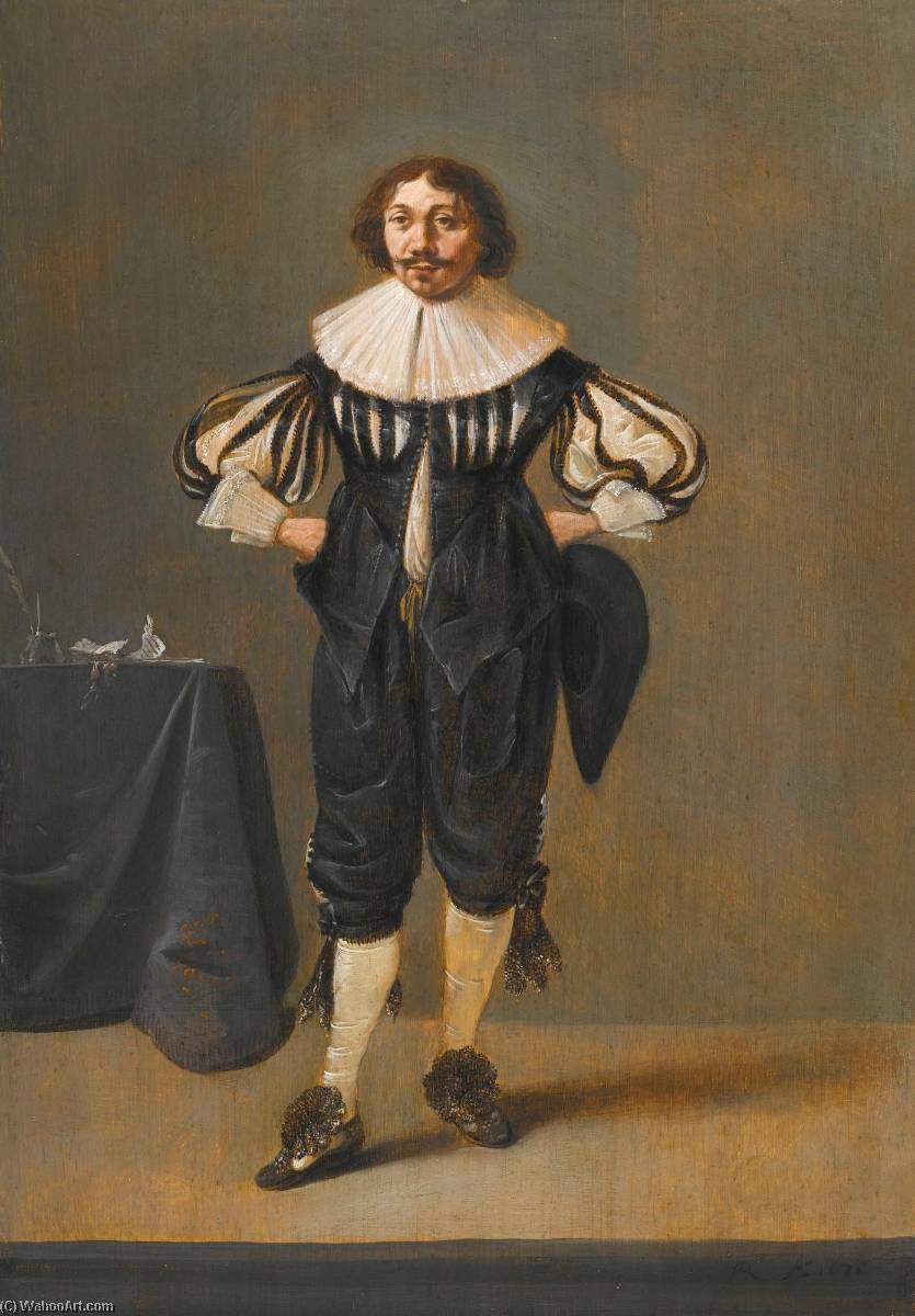 Portrait Of A Man, Full Length, In A Black Slashed Doublet And Breeches And A Ruff, Standing Beside A Table With Writing Implements — Pieter Jansz. Quast