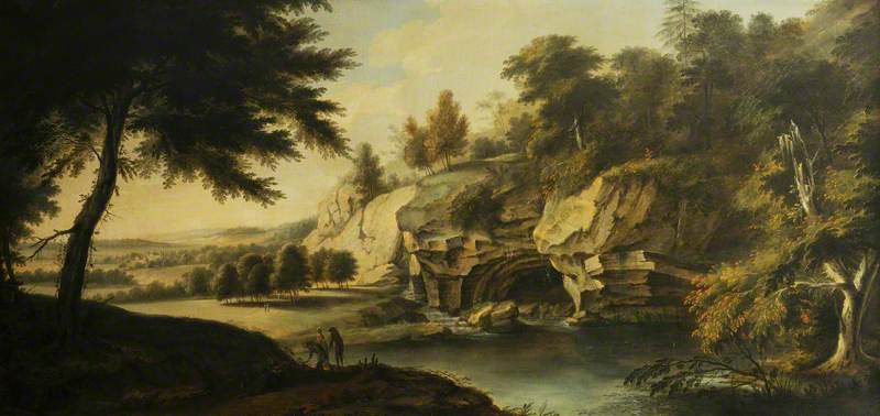 A River Scene With Rocky Banks And A Waterfall — Johann Heinrich Müntz