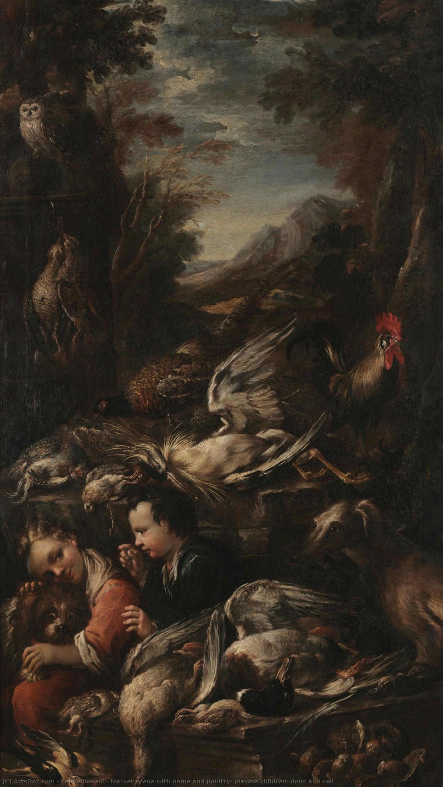 Market Scene With Game And Poultry, Playing Children, Dogs And Owl — Felice Boselli